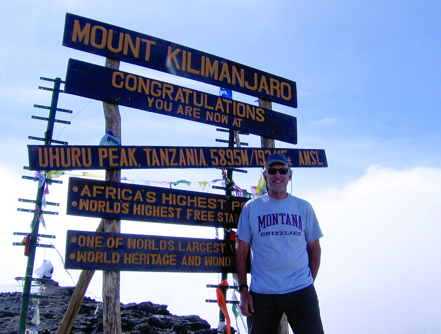 Pat Wilson ’81, Bozeman, took his Griz gear to the summit of Mount Kilimanjaro, Africa’s highest peak, in August 2014. 